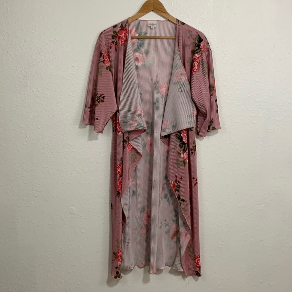Lularoe Pink Floral Ribbed Open Front Shirly Kimono Size S